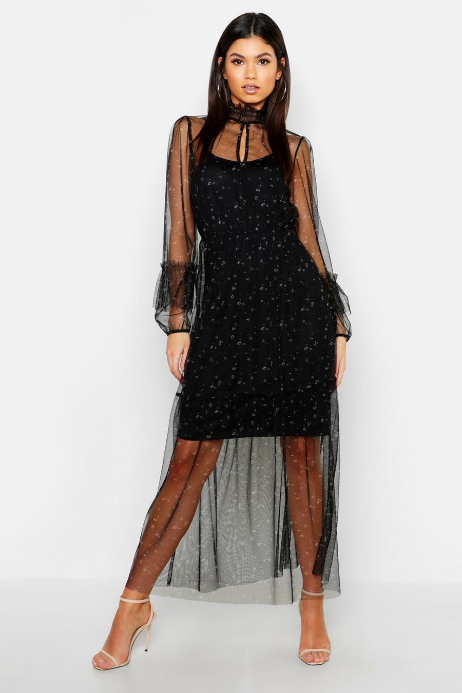 שחור שמלת מקסי פרחונית בסגנון בוהמי עם כיווצים image number 1