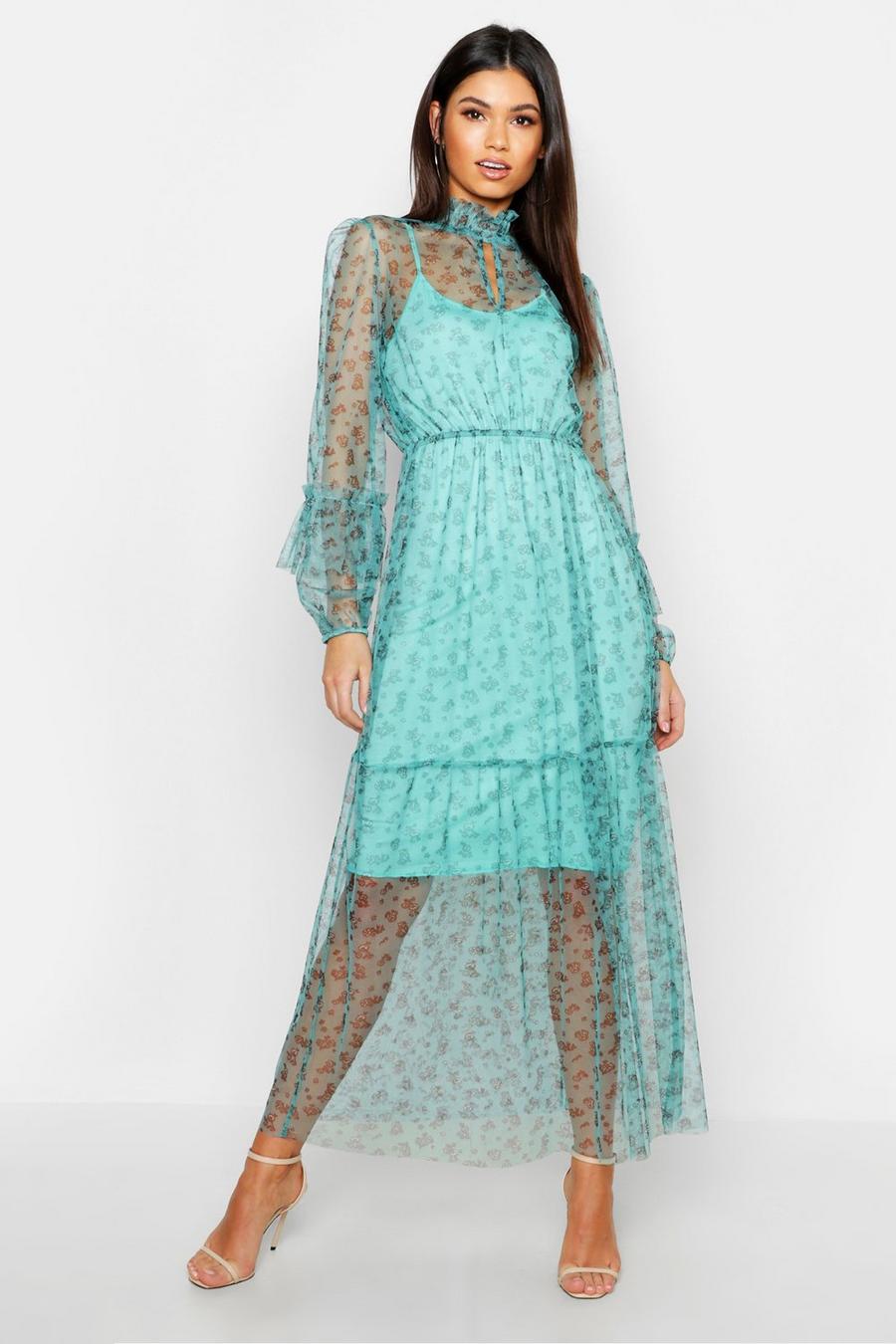 Turquoise Boho Ditsy Floral Shirring Detail Maxi Dress image number 1