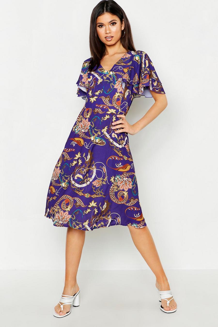 Purple Satin Angel Sleeve Midi Dress