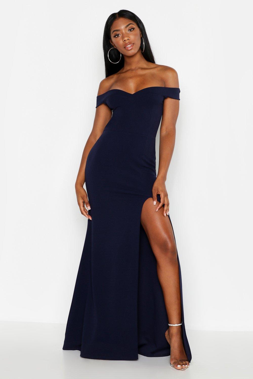 navy bardot split maxi dress
