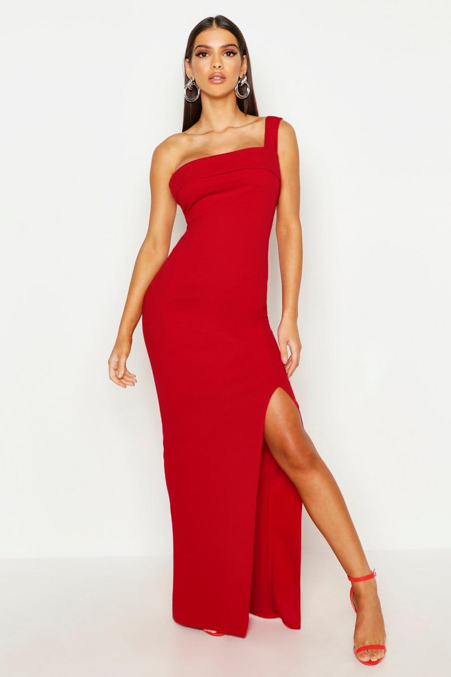 Red One Shoulder Thigh Split Maxi Dress