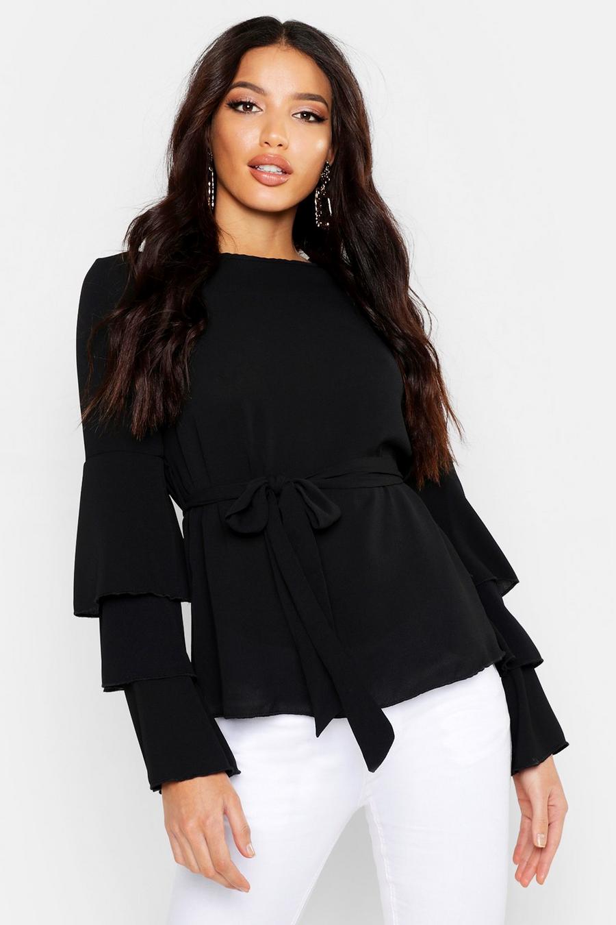 Woven Ruffle Sleeve Tie Waist Blouse image number 1