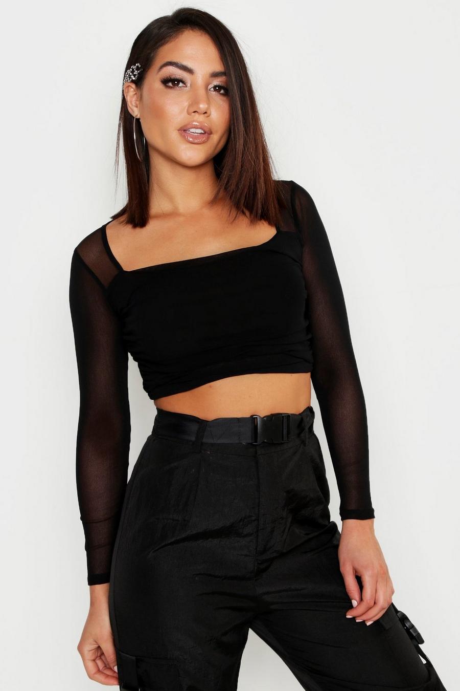 Black Geplooide Mesh Crop Top Met Vierkante Hals image number 1