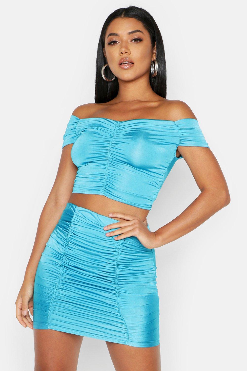 ruched off the shoulder crop top