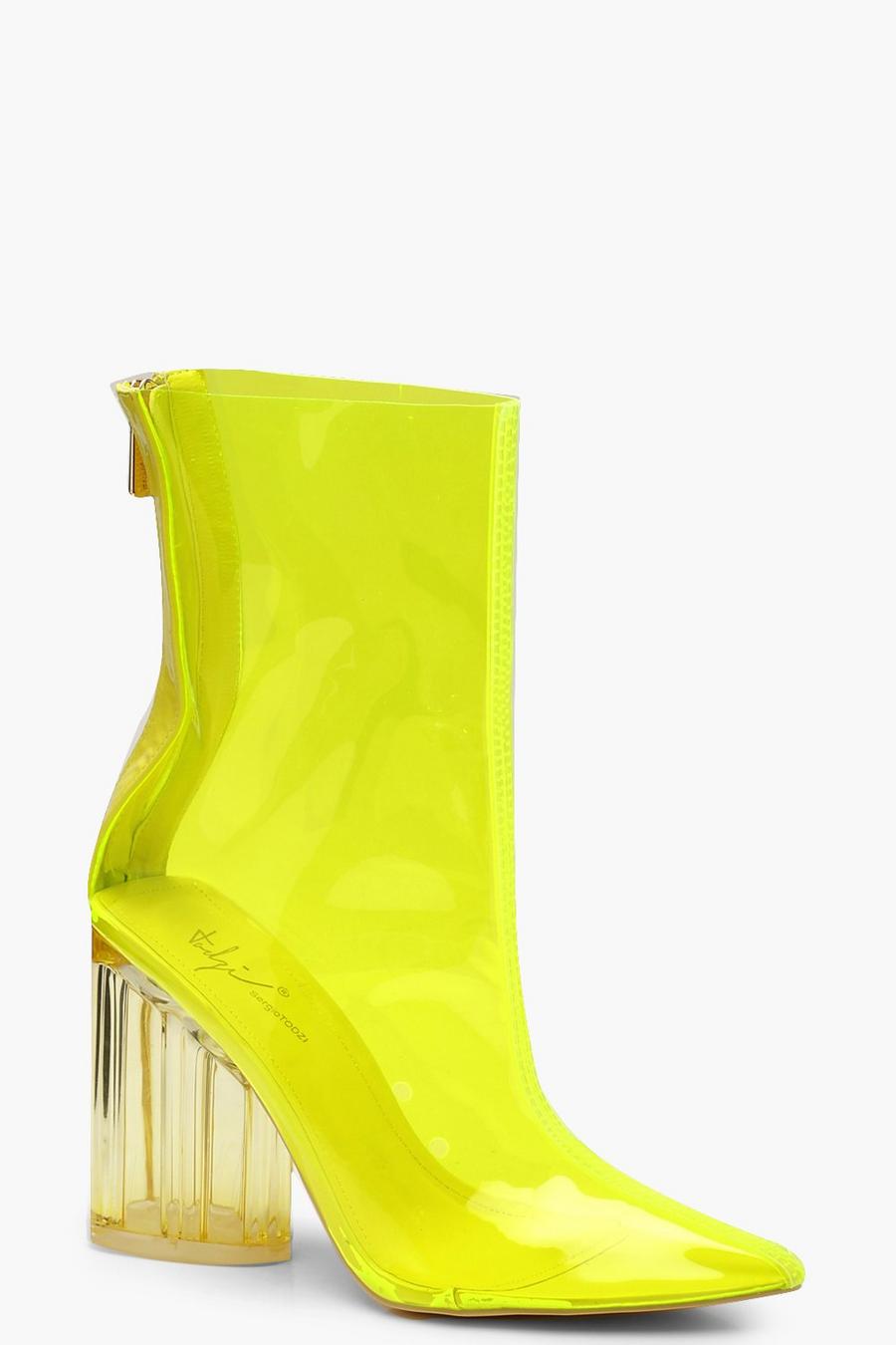 Neonfarbene Ankle Boots mit transparentem Blockabsatz, Gelb image number 1