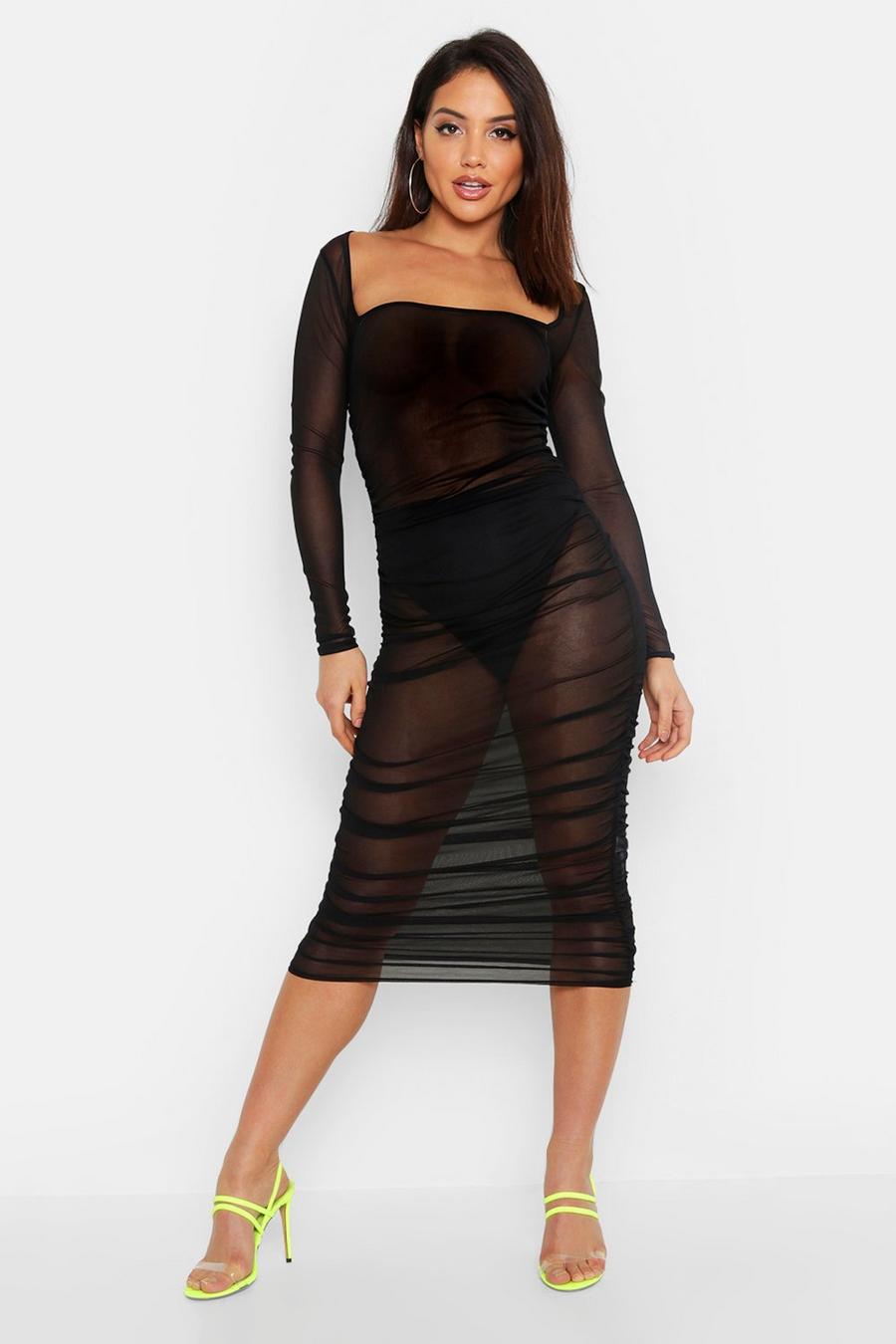 Mesh Square Neck Bodycon Ruched Dress image number 1