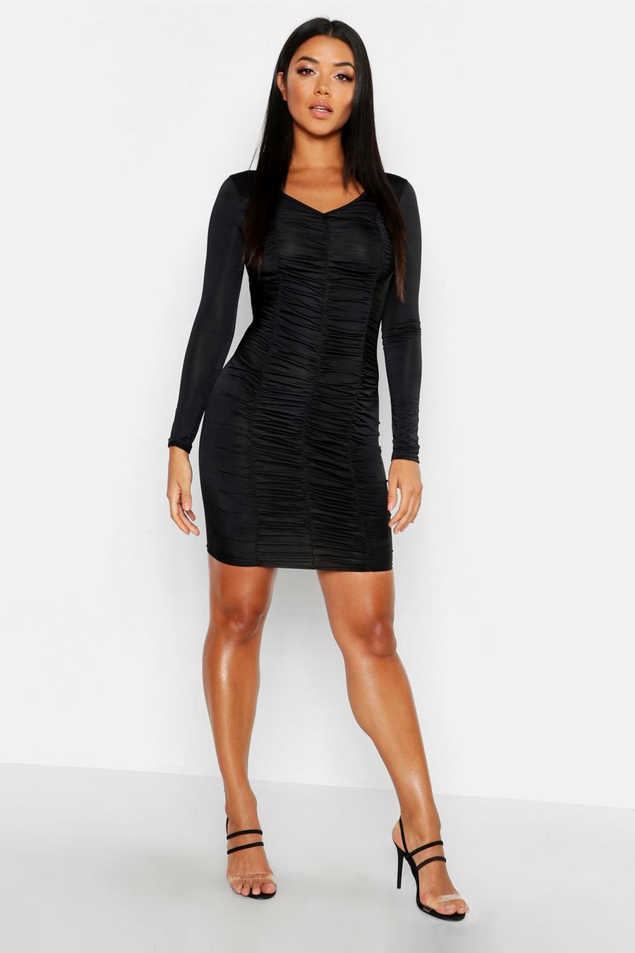 Black Long Sleeved Ruched Mini Dress