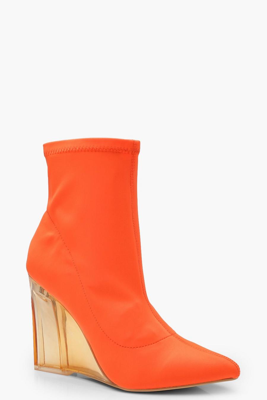 Orange Neon Clear Wedge Sock Boots image number 1