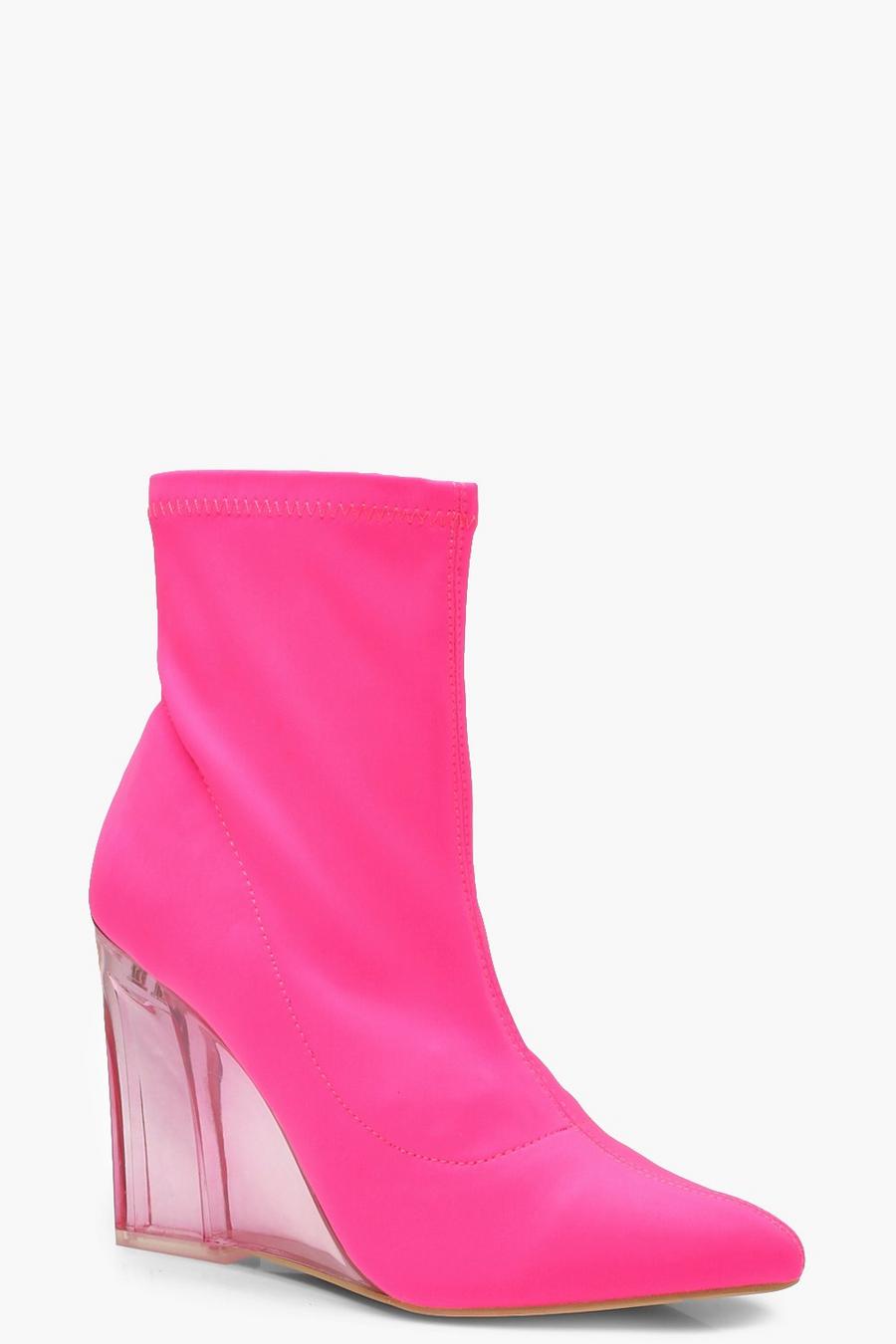 Pink Neon Clear Wedge Sock Boots image number 1