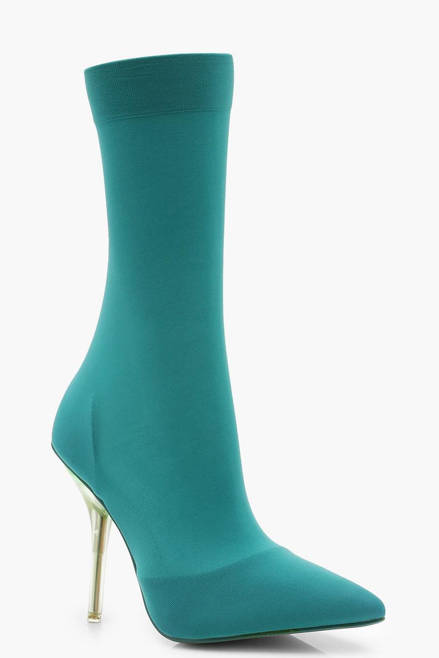 Blue Clear Heel Pointed Toe Sock Boots