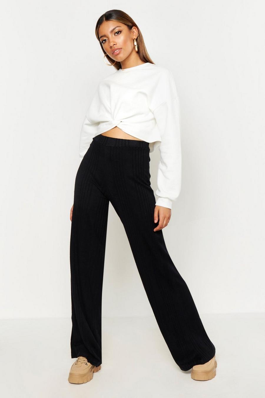 Knitted Rib Wide Leg Trouser, Black image number 1