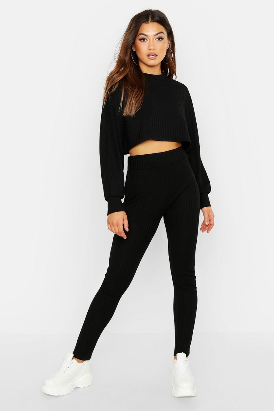 Black Rib Knitted Oversized Top And Legging Two-Piece Set image number 1