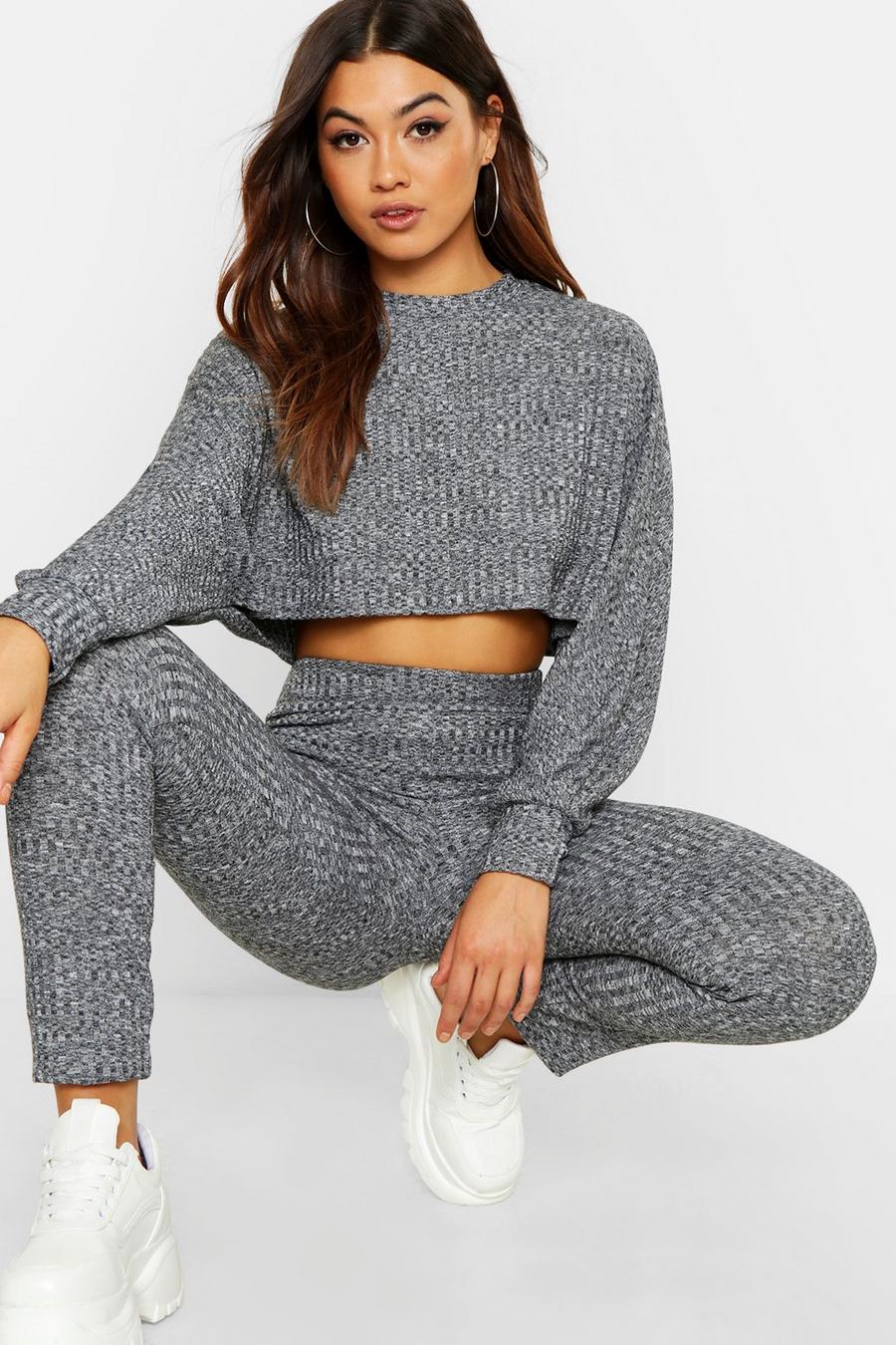 Grey Rib Knitted Oversized Top And Legging Two-Piece Set image number 1