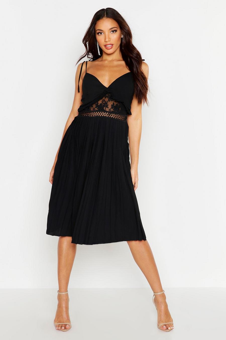 Lace Insert Pleated Midi Skater Dress image number 1