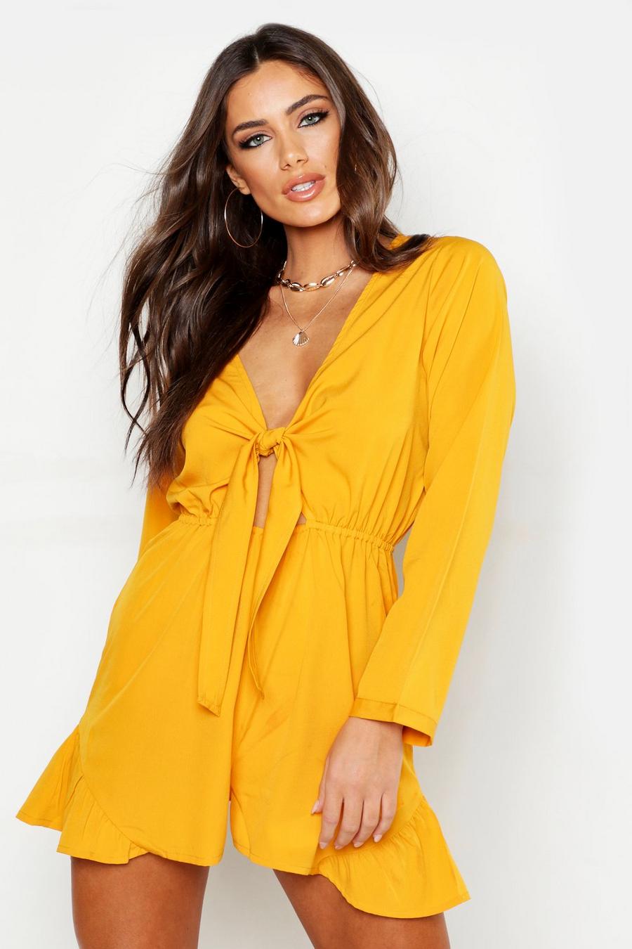 Mustard Knot Front Ruffle Hem Playsuit image number 1