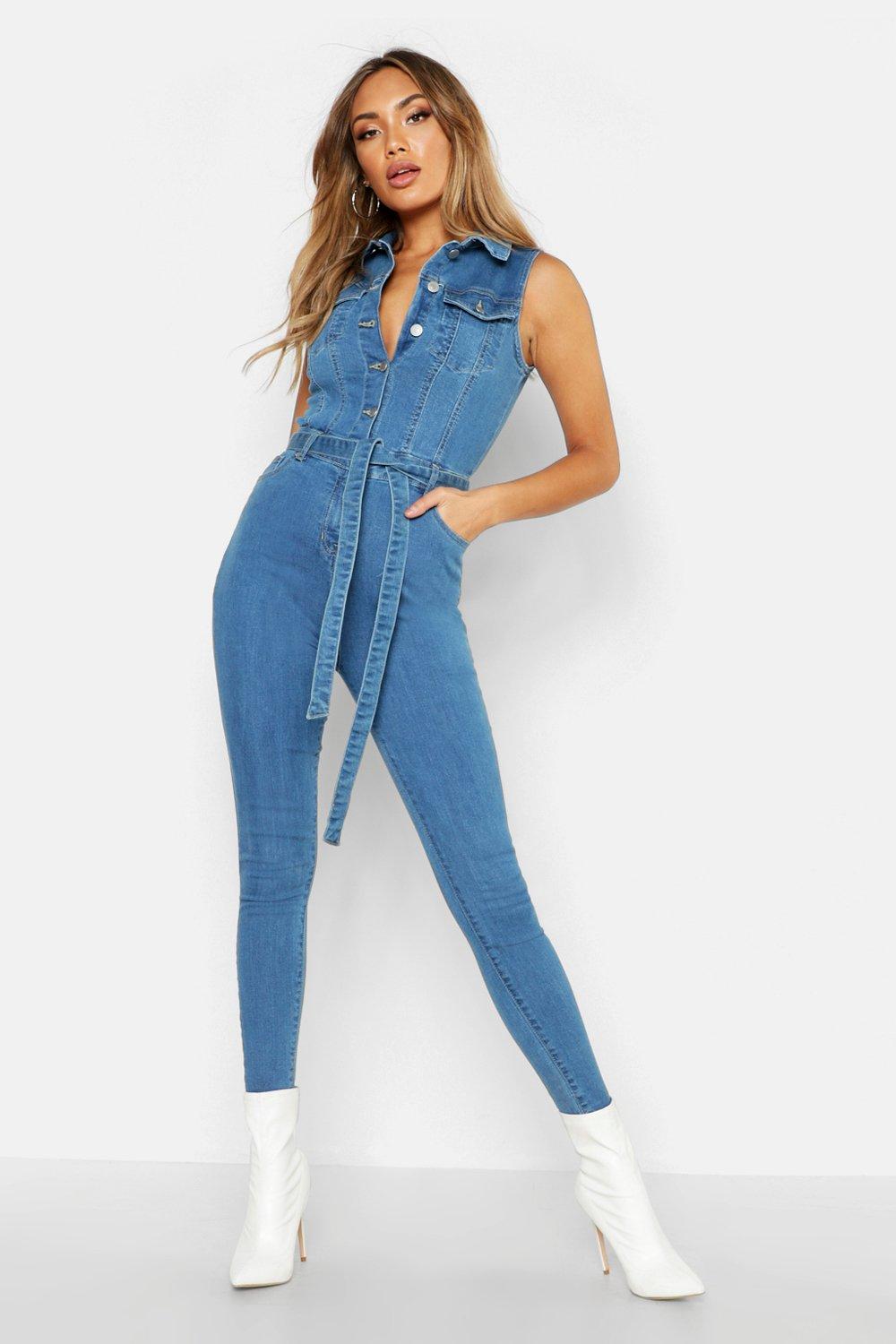 Denim Sleeveless Jumpsuit | Boohoo UK