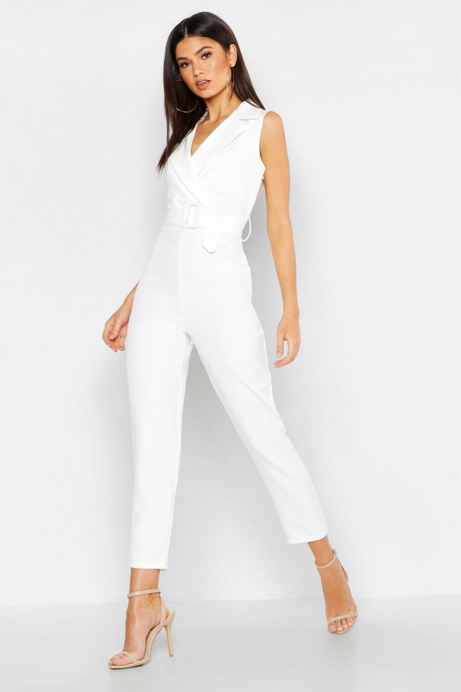 White Woven Blazer Belted Jumpsuit image number 1