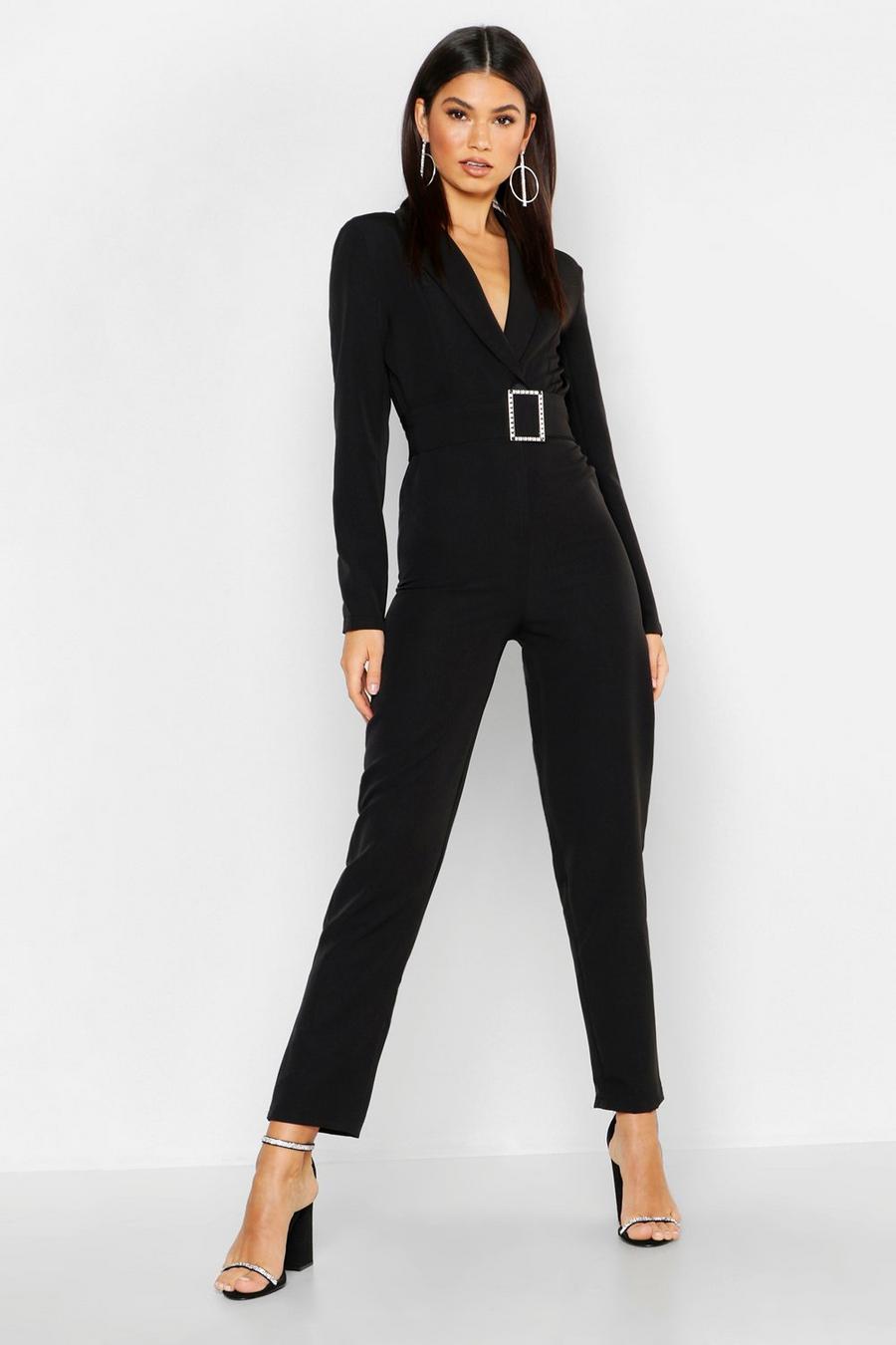 Woven Blazer Diamante Buckle Belted Jumpsuit image number 1
