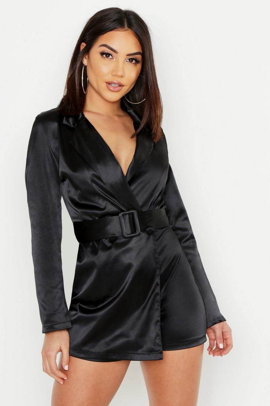 Black Satin Self Belted Long Sleeve Blazer Playsuit image number 1