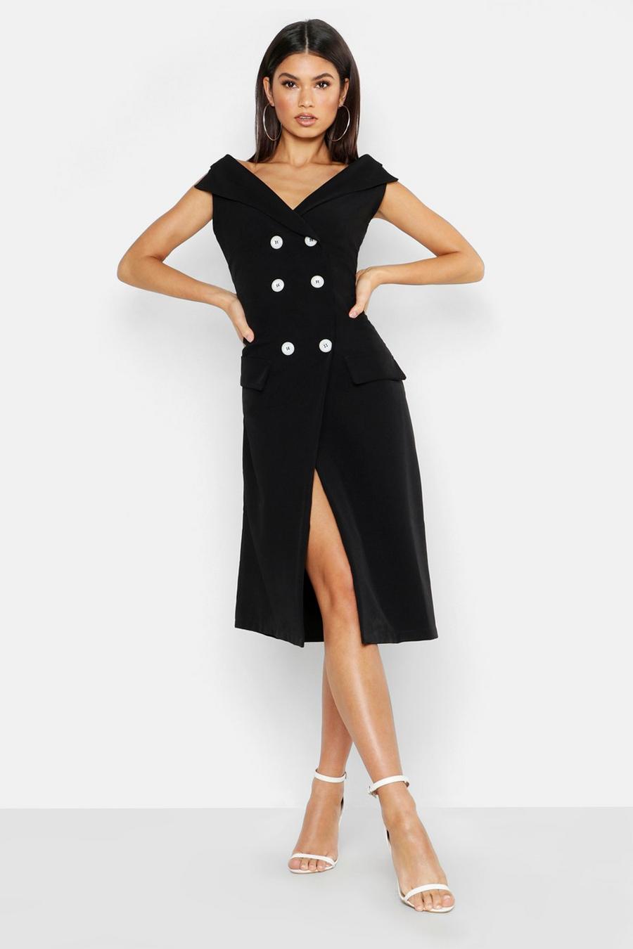 Black Woven Off The Shoulder Double Breasted Midi Blazer Dress image number 1