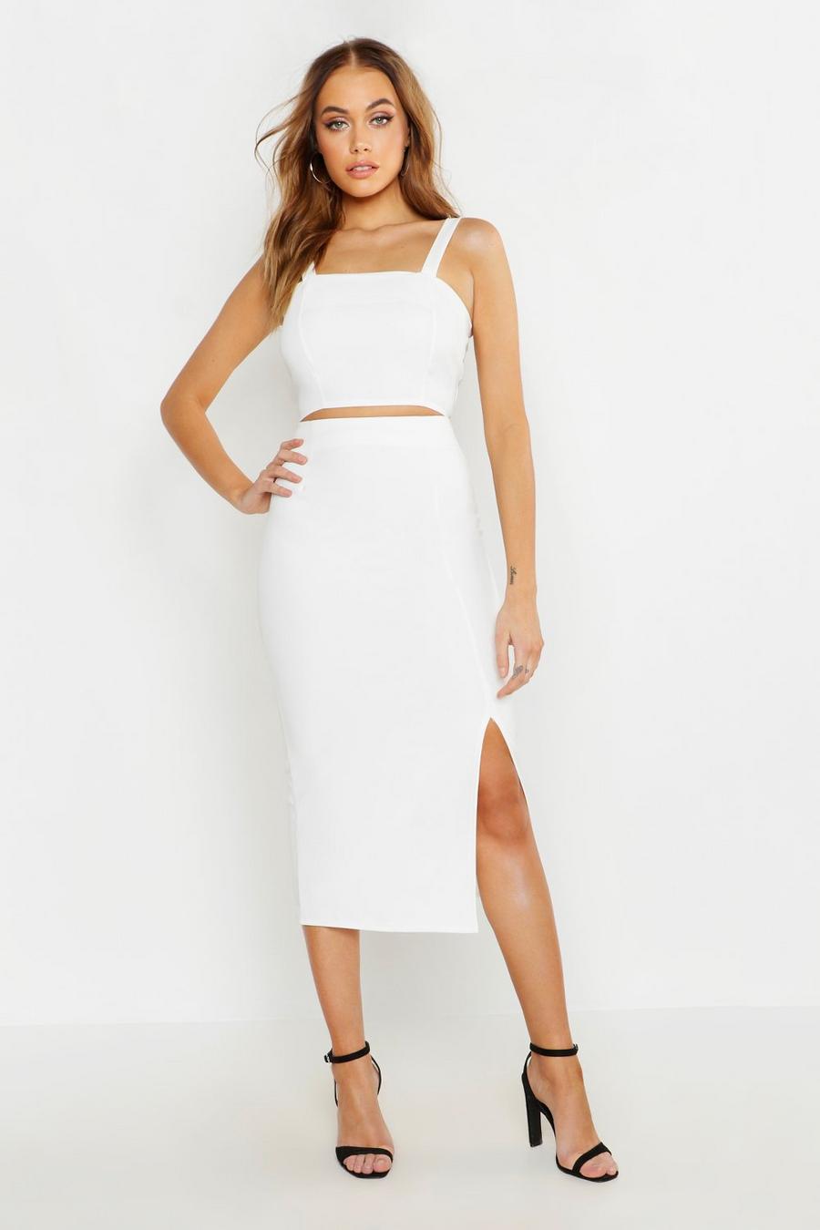 White Woven Crop Top & Midi Skirt Co-ord Set image number 1