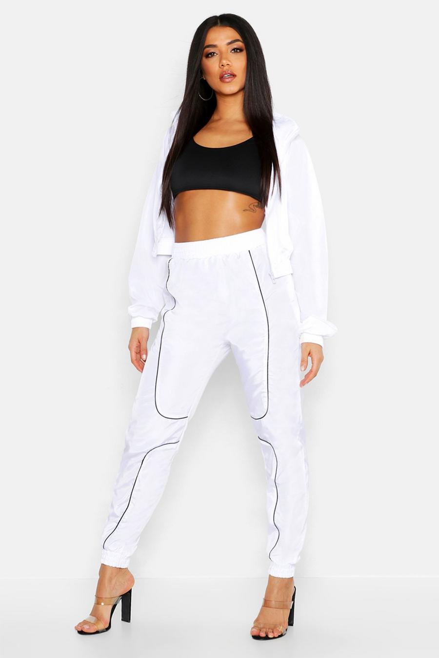 White Brushed Shellsuit Piping Detail Tracksuit image number 1