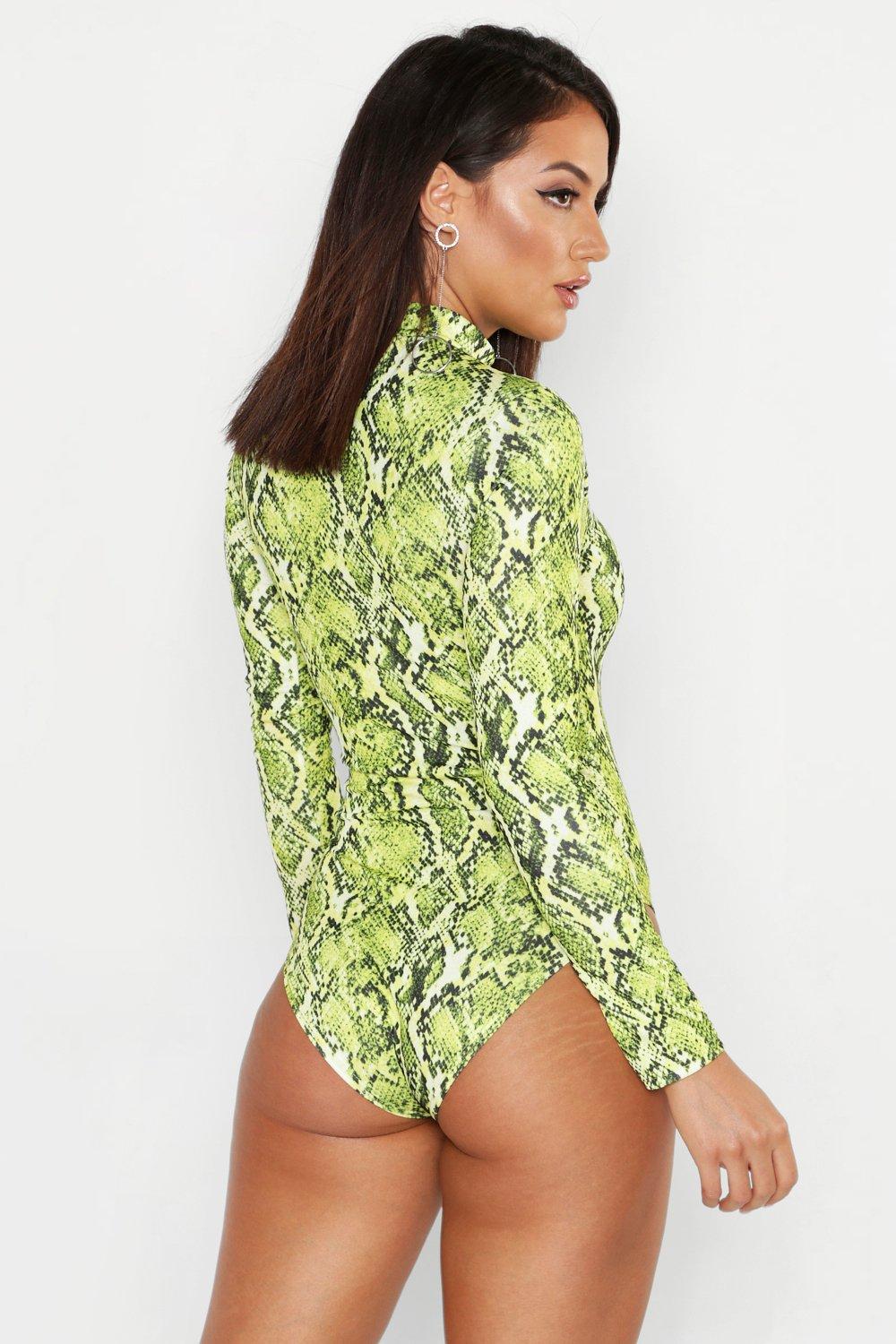 Shape Green Snake Print Sheer Bodysuit