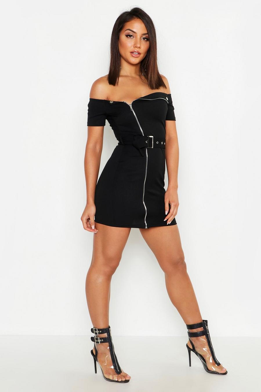 Black Zip Front Belted Mini Dress image number 1