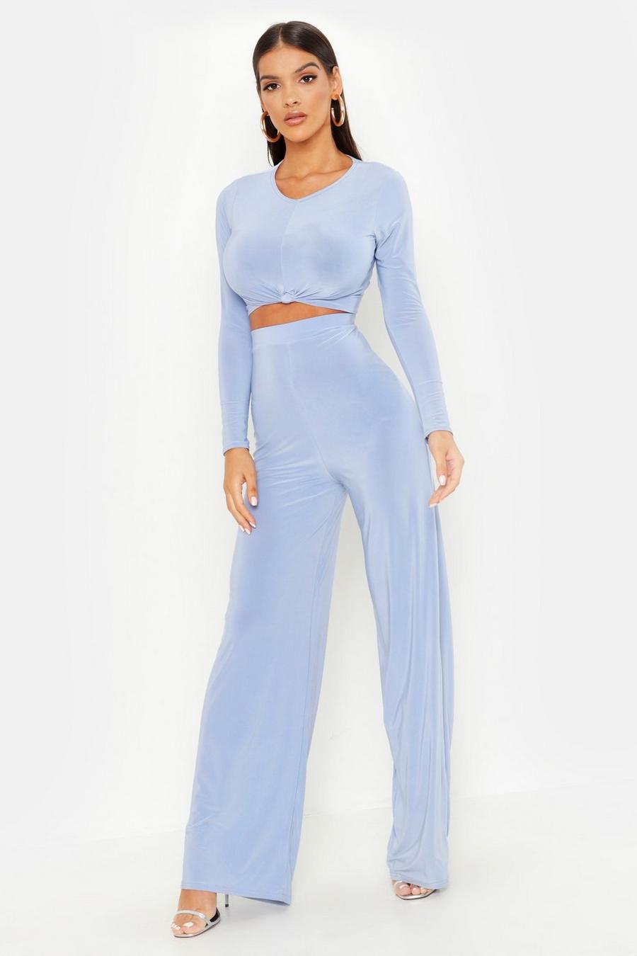 Baby blue Slinky Top Knot And Wide Leg Pants Co-Ord Set image number 1