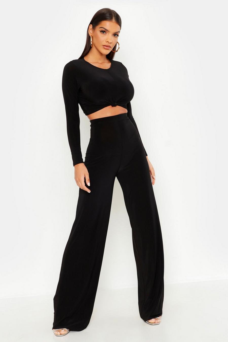 Black Slinky Top Knot And Wide Leg Pants Two-Piece Set image number 1