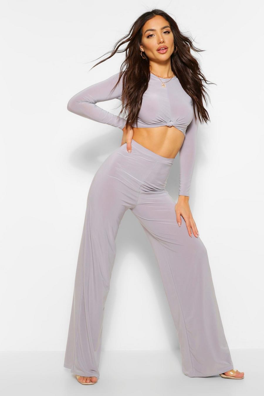Grey Slinky Top Knot And Wide Leg Pants Co-Ord Set image number 1