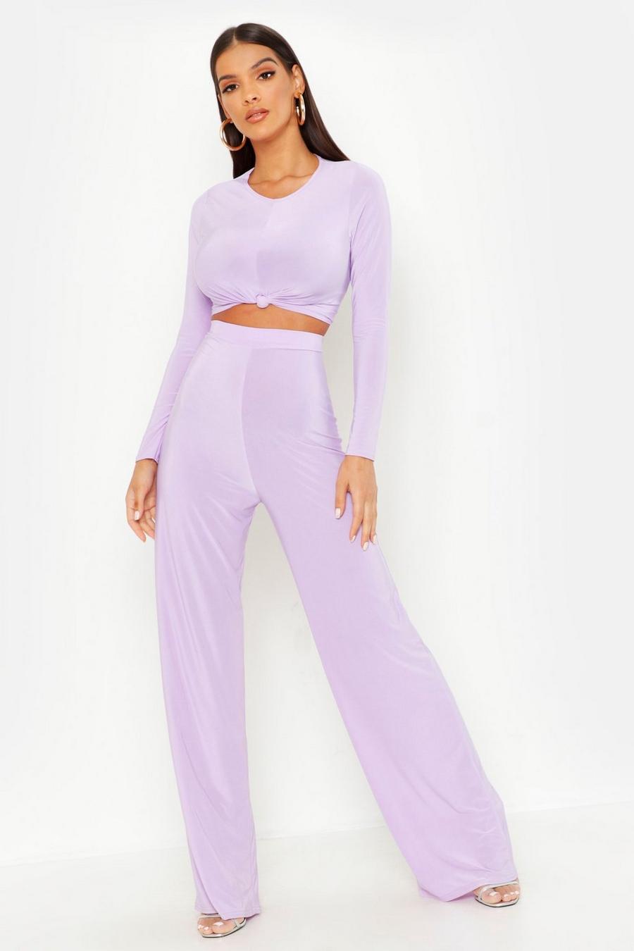 Lilac Slinky Top Knot And Wide Leg Pants Co-Ord Set image number 1