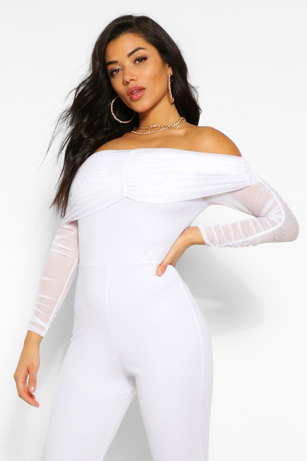 white ruched mesh bardot jumpsuit