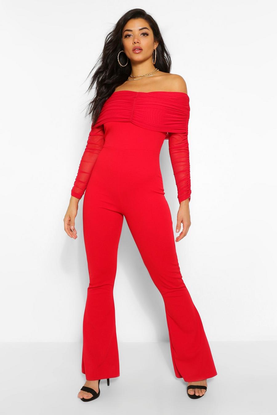 Red Mesh Bardot Ruched Jumpsuit