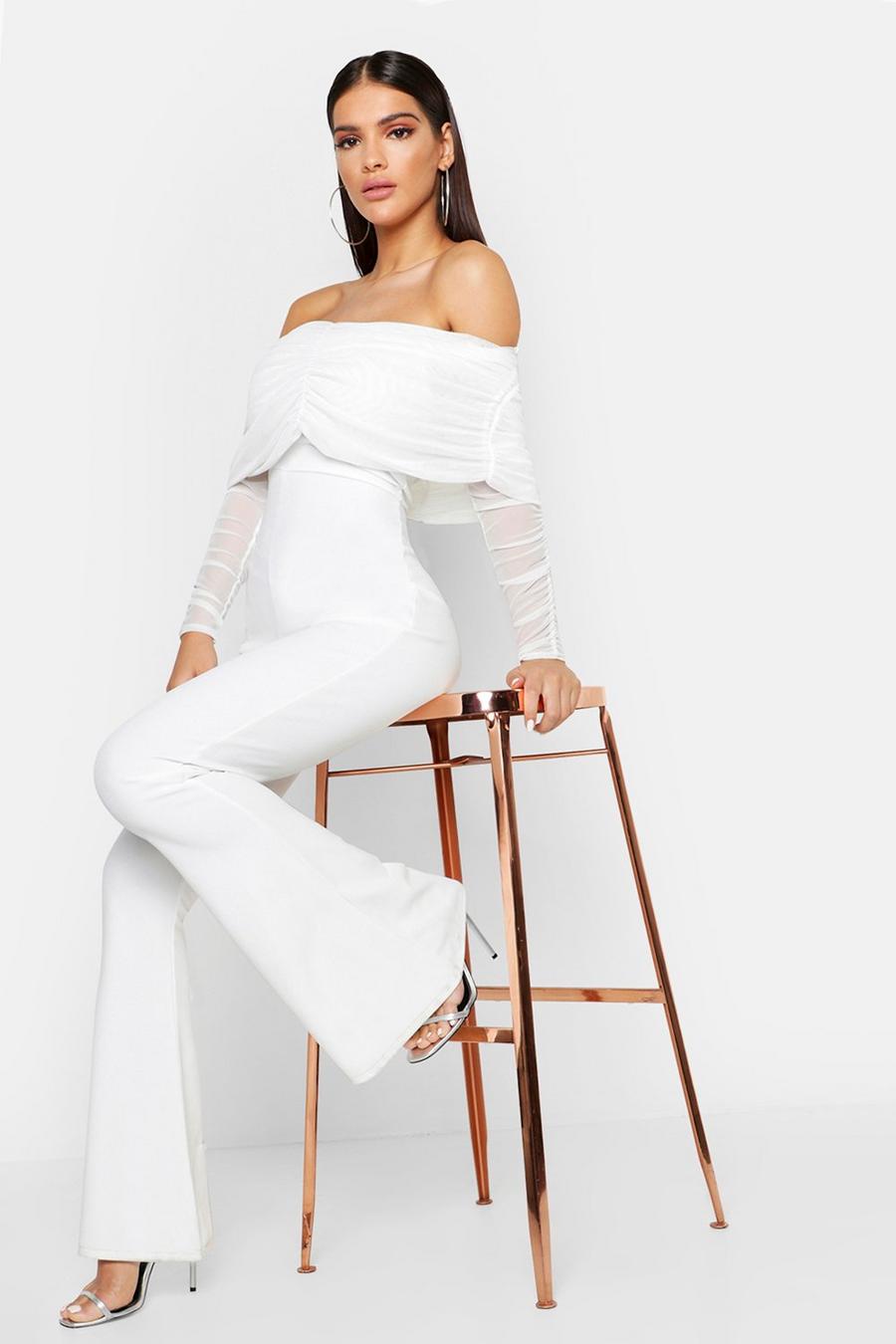 White Mesh Off The Shoulder Ruched Jumpsuit