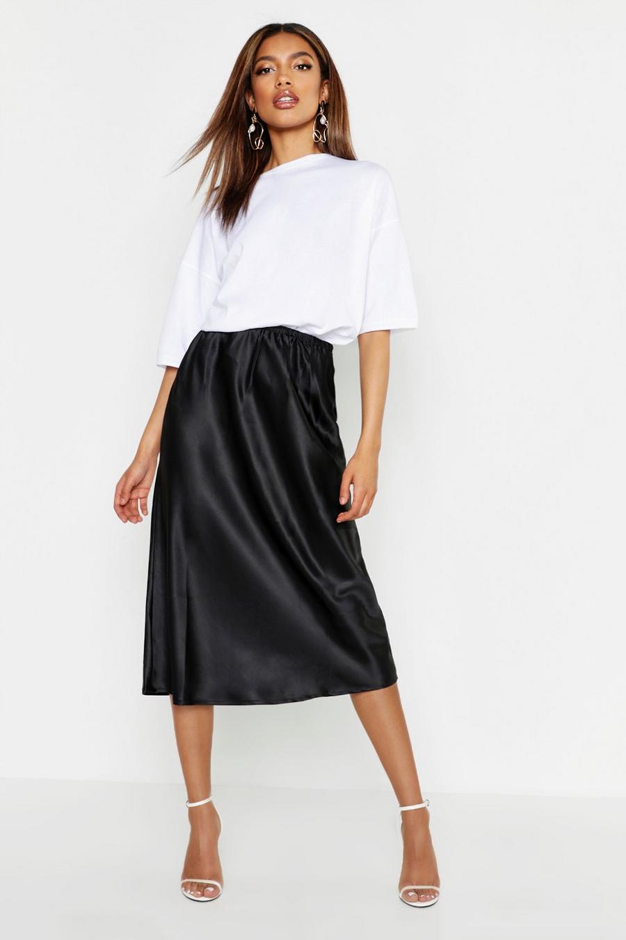 Black Satin Bias Cut Midi Skirt image number 1
