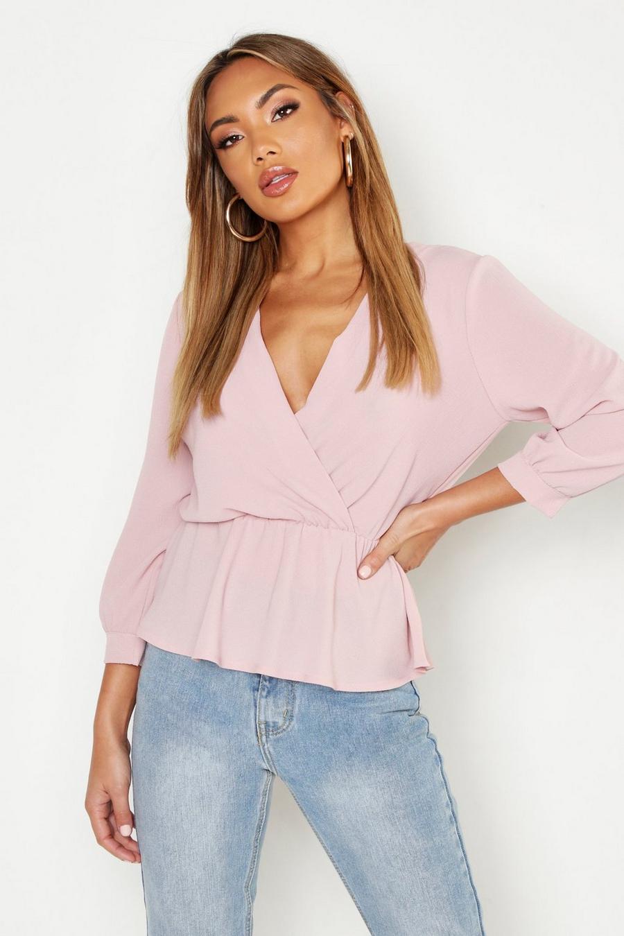Soft pink Woven Wrap Peplum Blouse image number 1