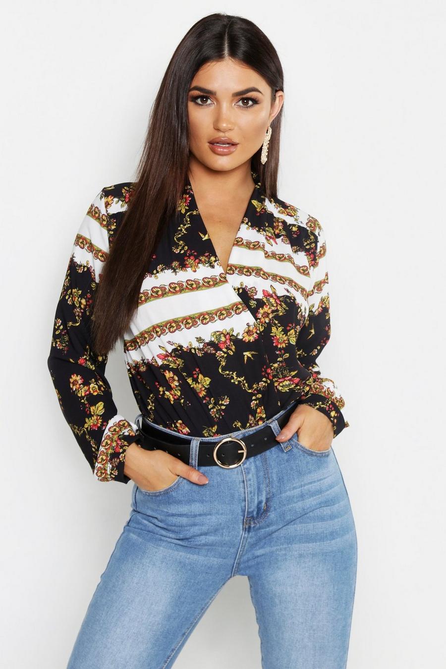 Woven Floral Scarf Print Bodysuit image number 1