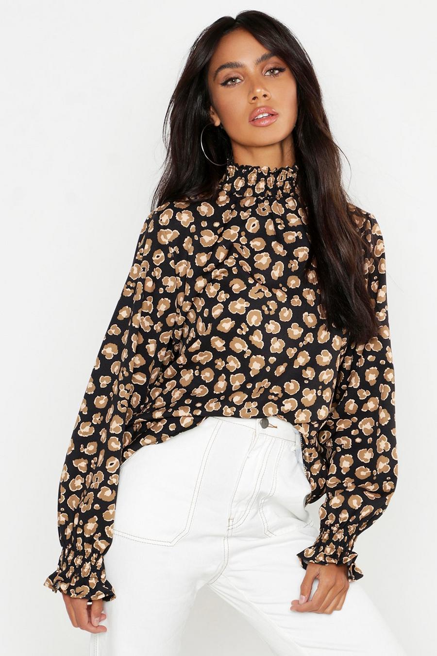 Woven Sheered Neck Leopard Blouse image number 1