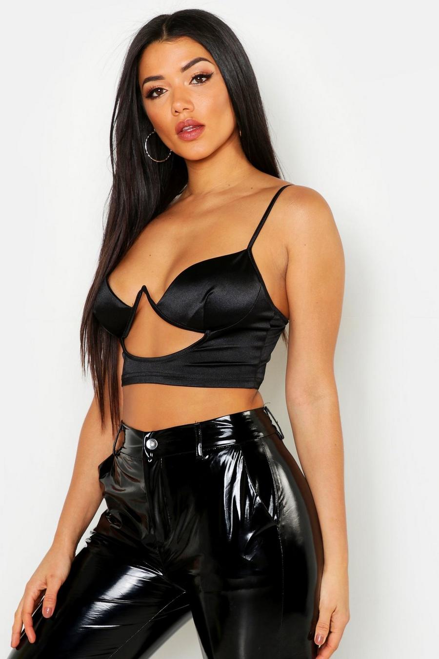Black Satin Underwired Cut Out Bralet image number 1