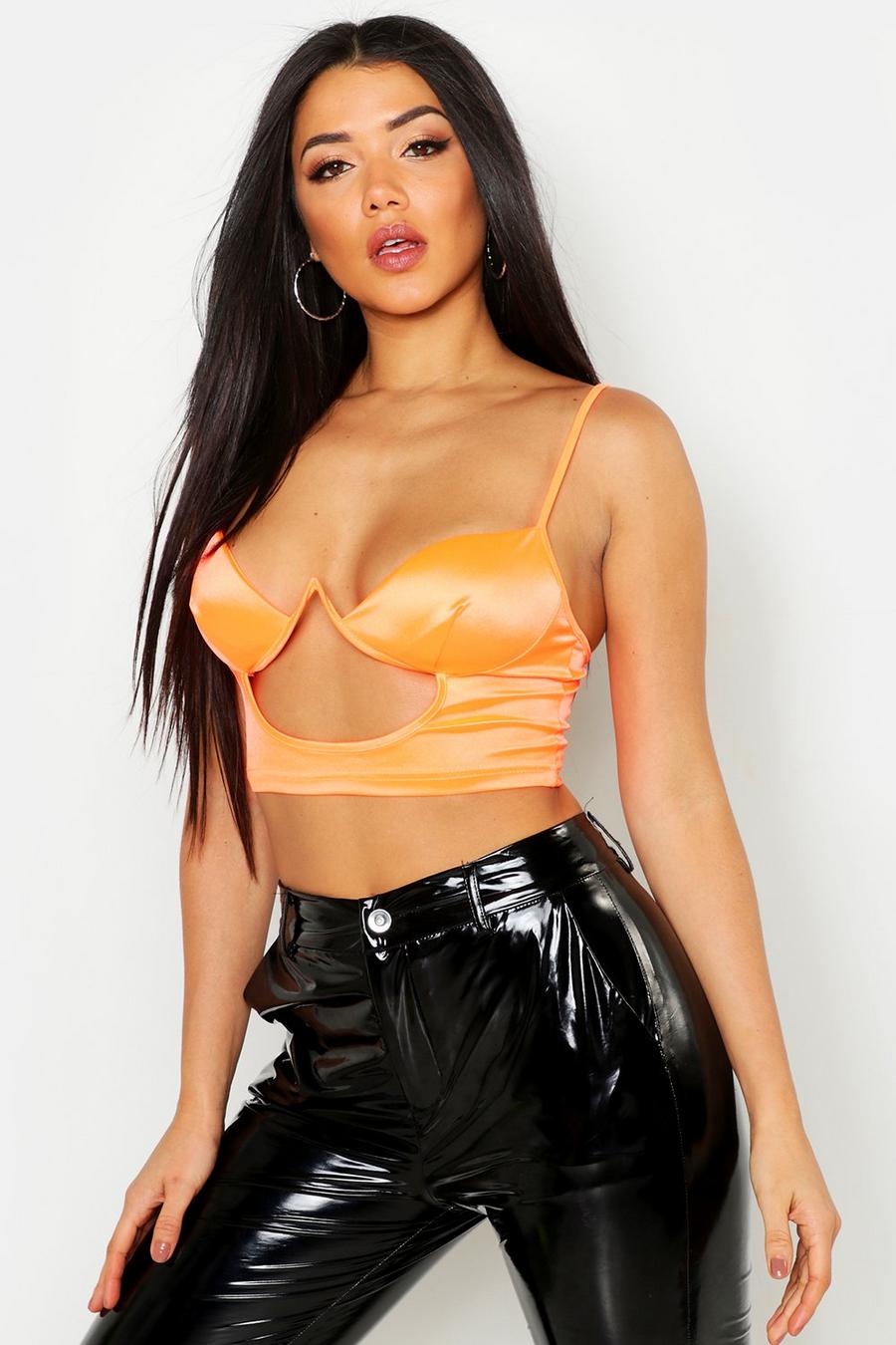 Neon-orange Satin Underwired Cut Out Bralet image number 1