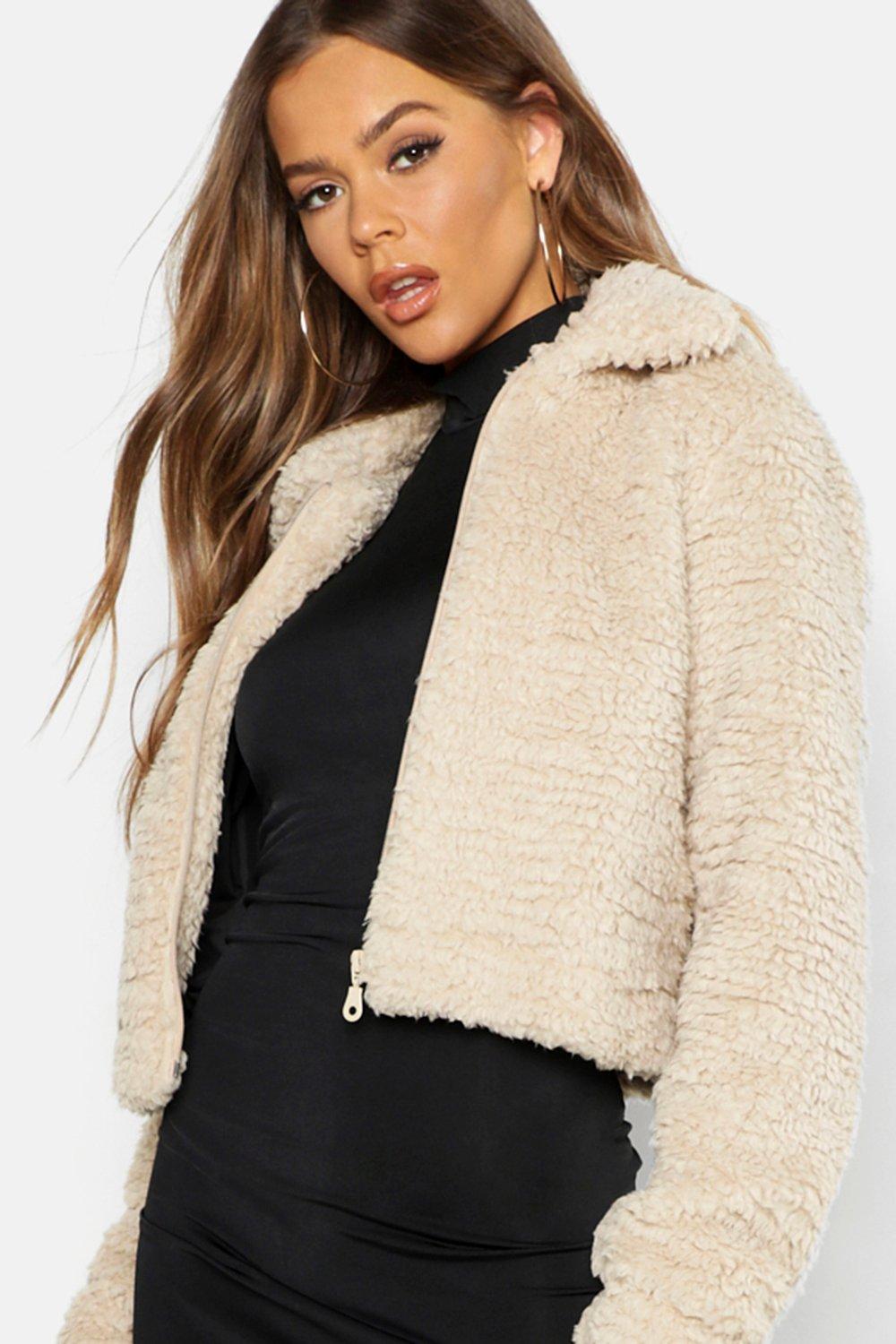 cropped teddy jacket with hood