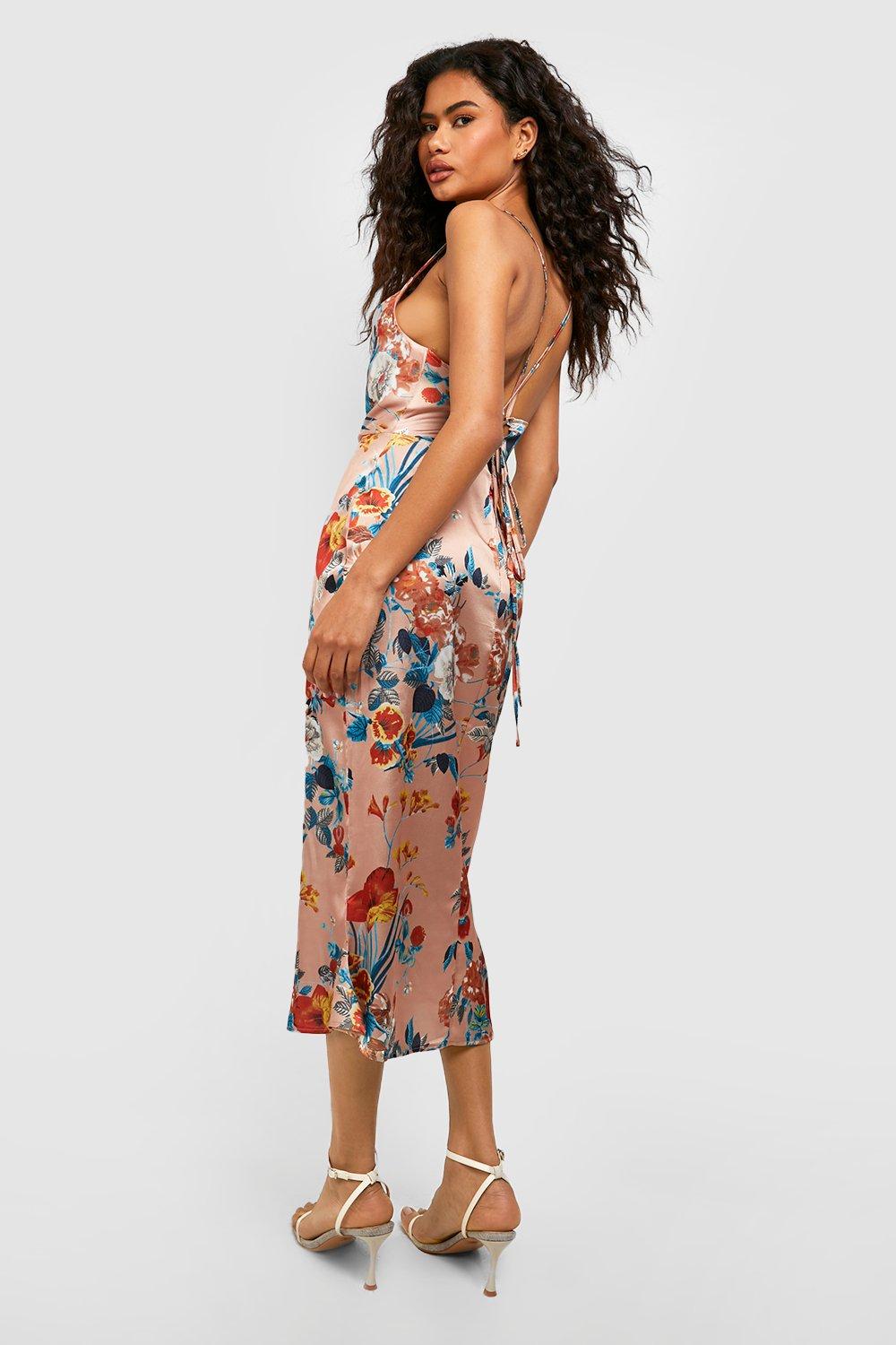 satin floral cowl flute hem slip dress