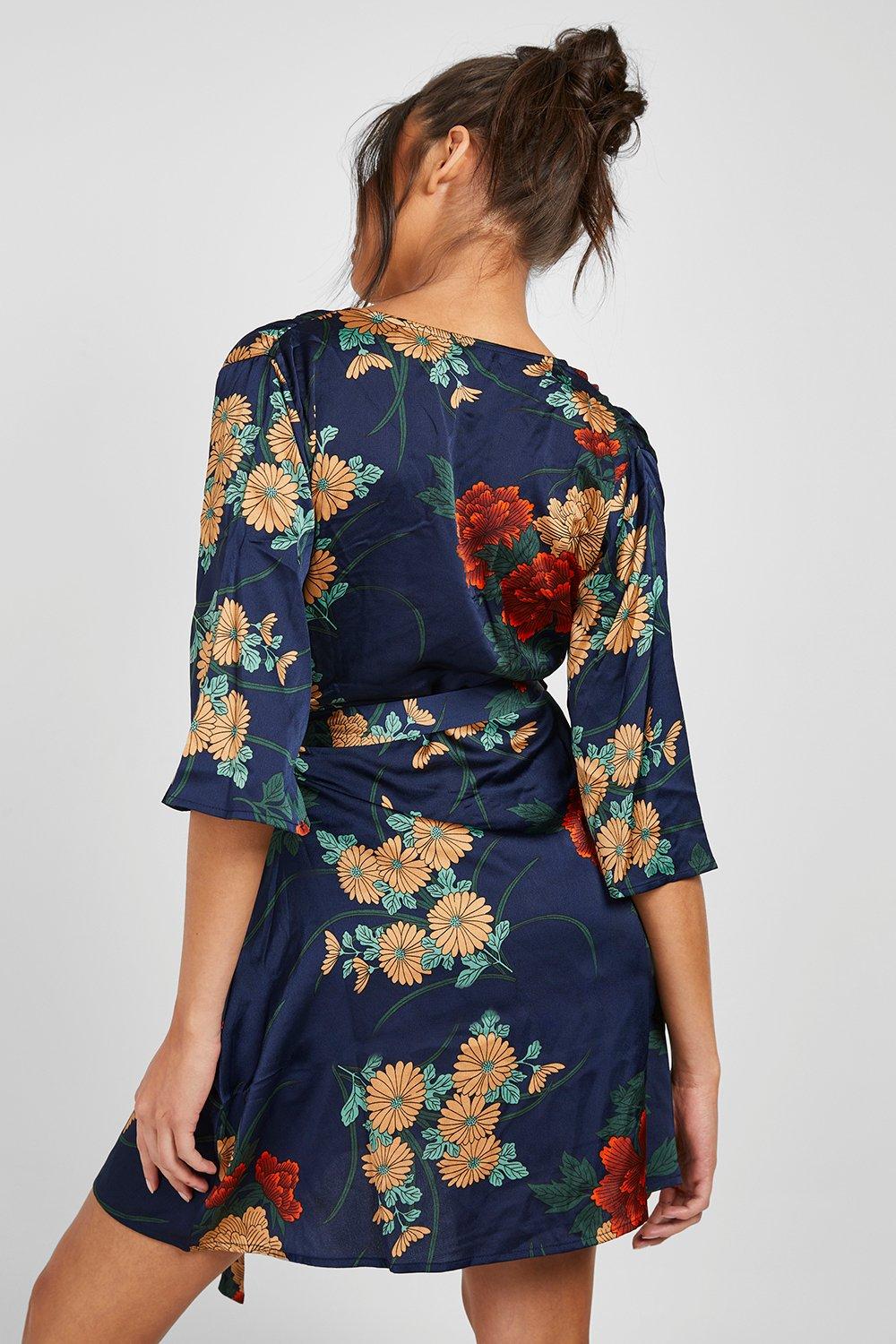 Women's Satin Floral Satin Wrap Dress