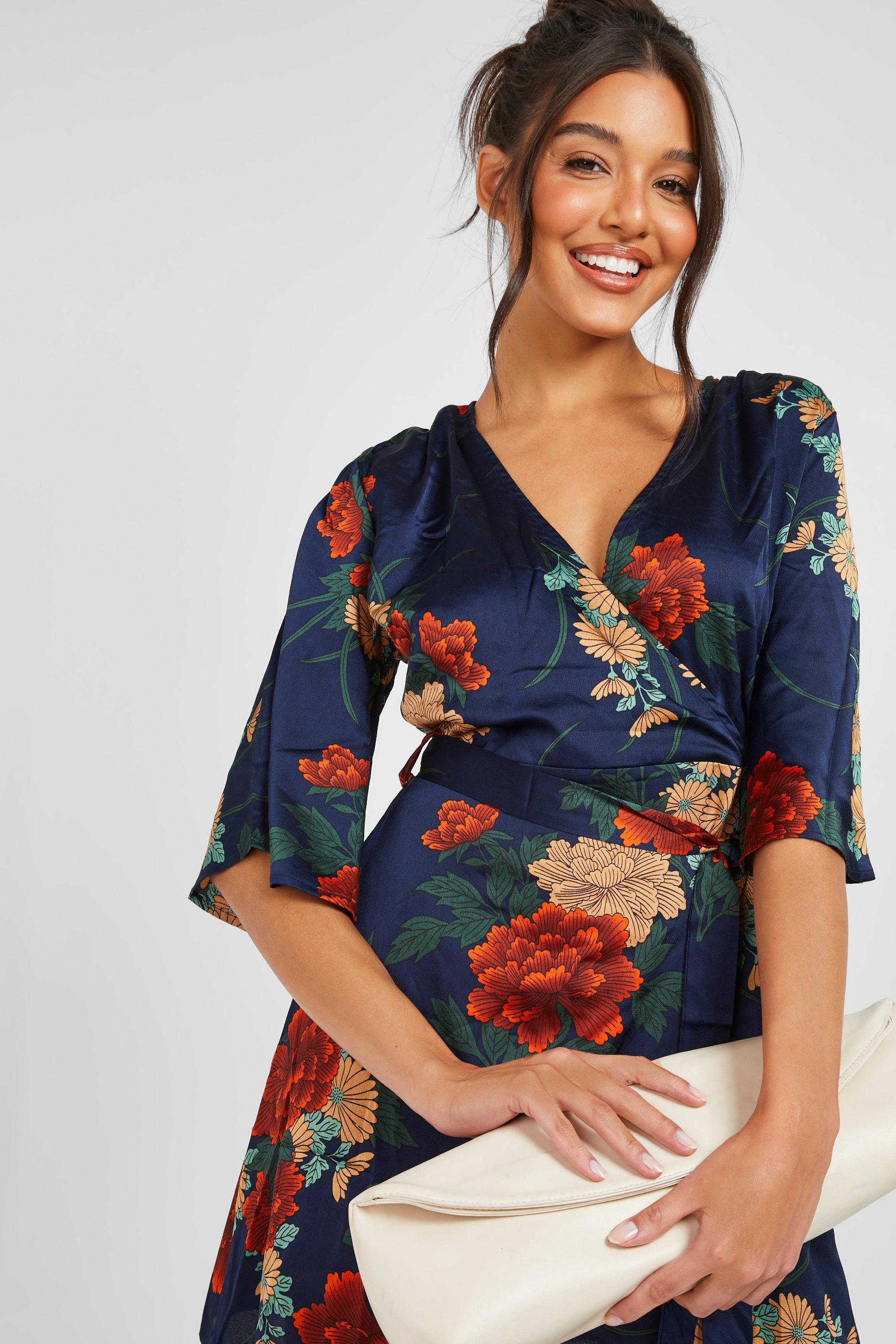 satin floral wrap dress