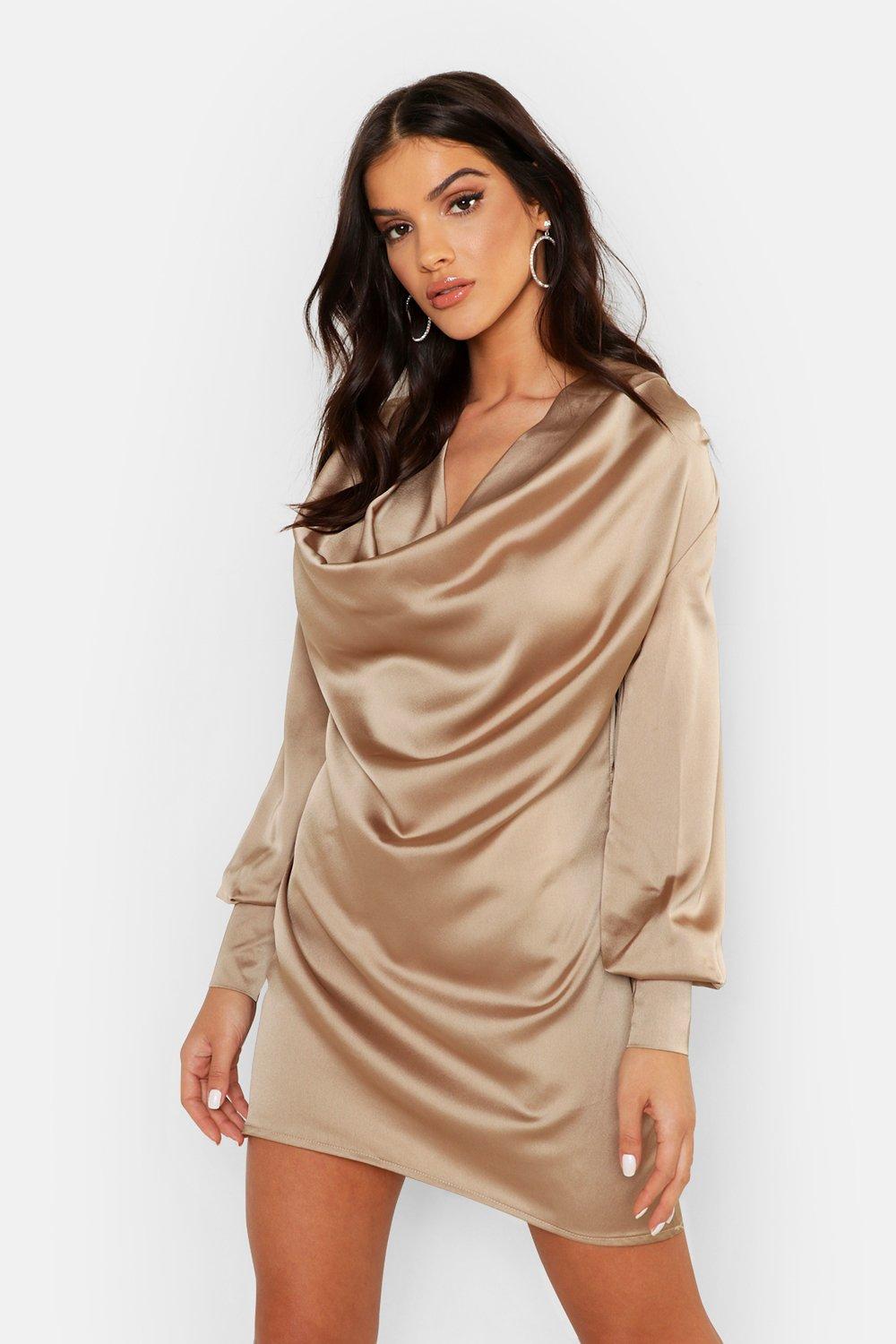 Deep Cowl Satin Shift Dress