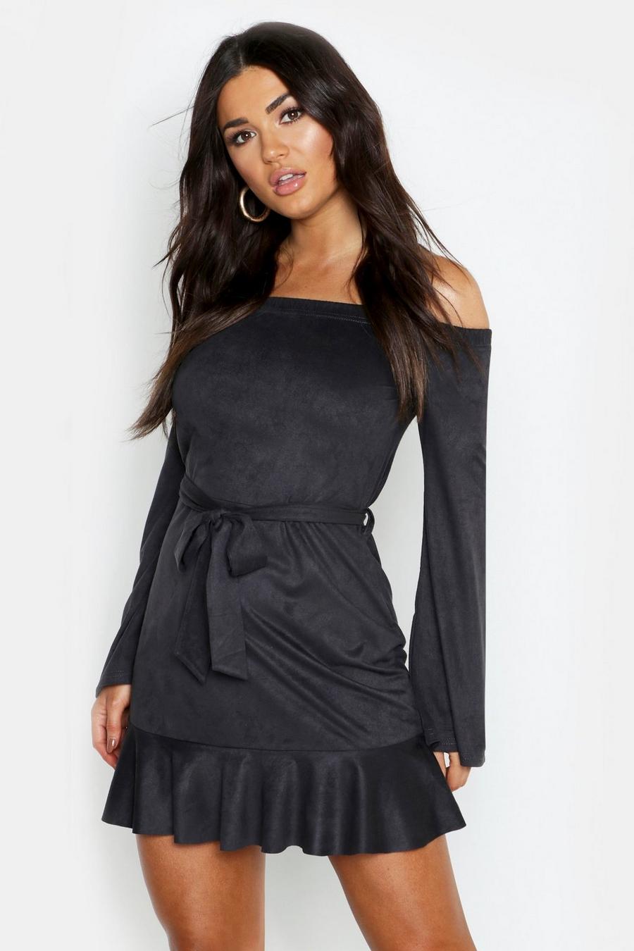 Black Off shoulder-klänning i mockaimitation med knytskärp image number 1