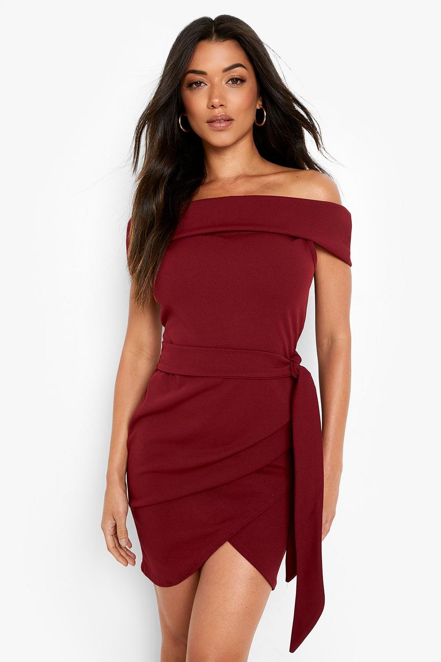 Berry Off The Shoulder Wrap Detail Bodycon Dress image number 1