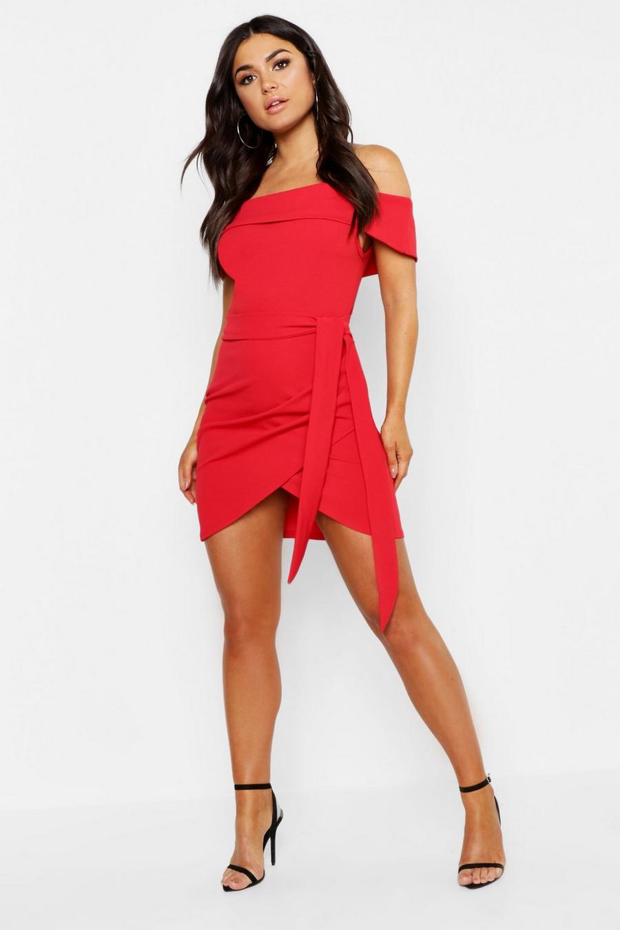Red Off The Shoulder Wrap Detail Bodycon Dress image number 1