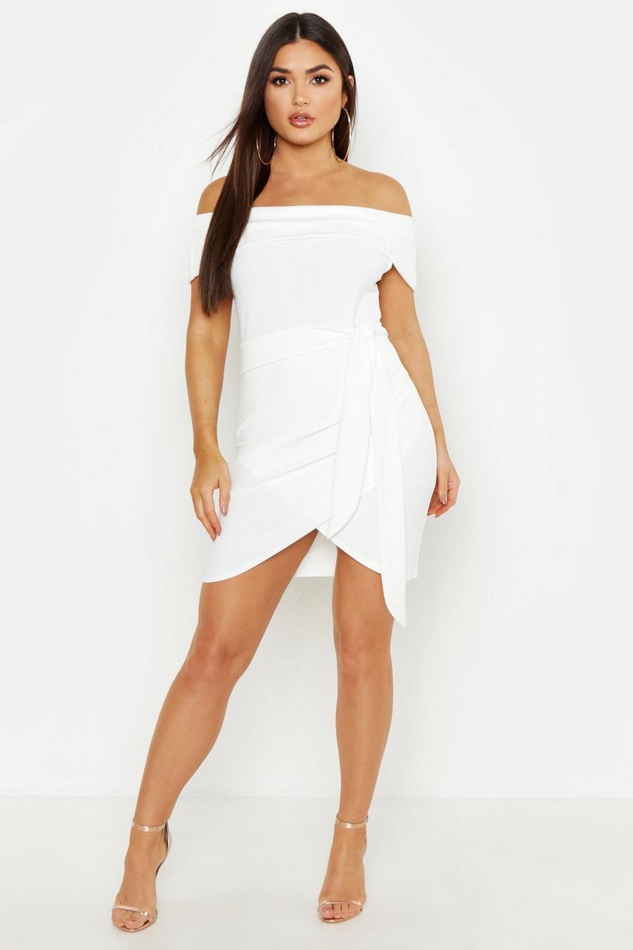 White Off The Shoulder Wrap Detail Bodycon Dress image number 1